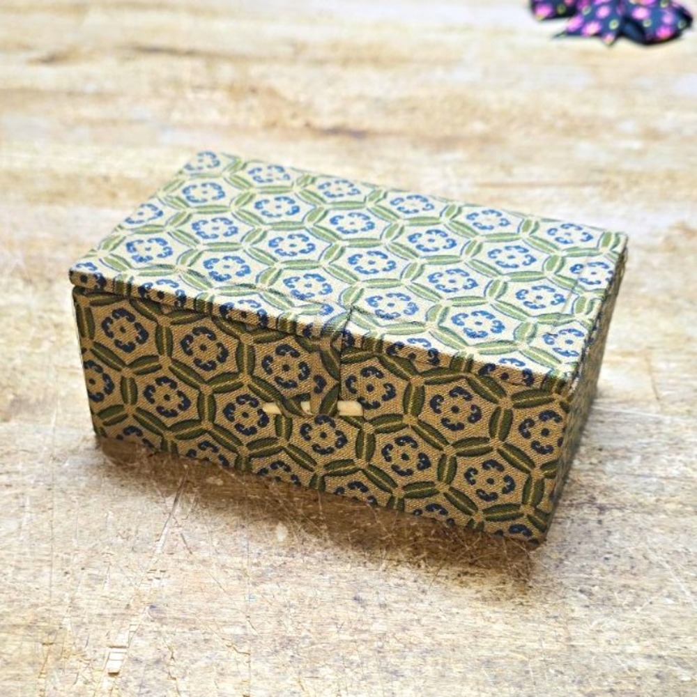 Chinese Patterned Fabric Covered Rectangular Box w/ Latch, Approx. 4.5" x 3"